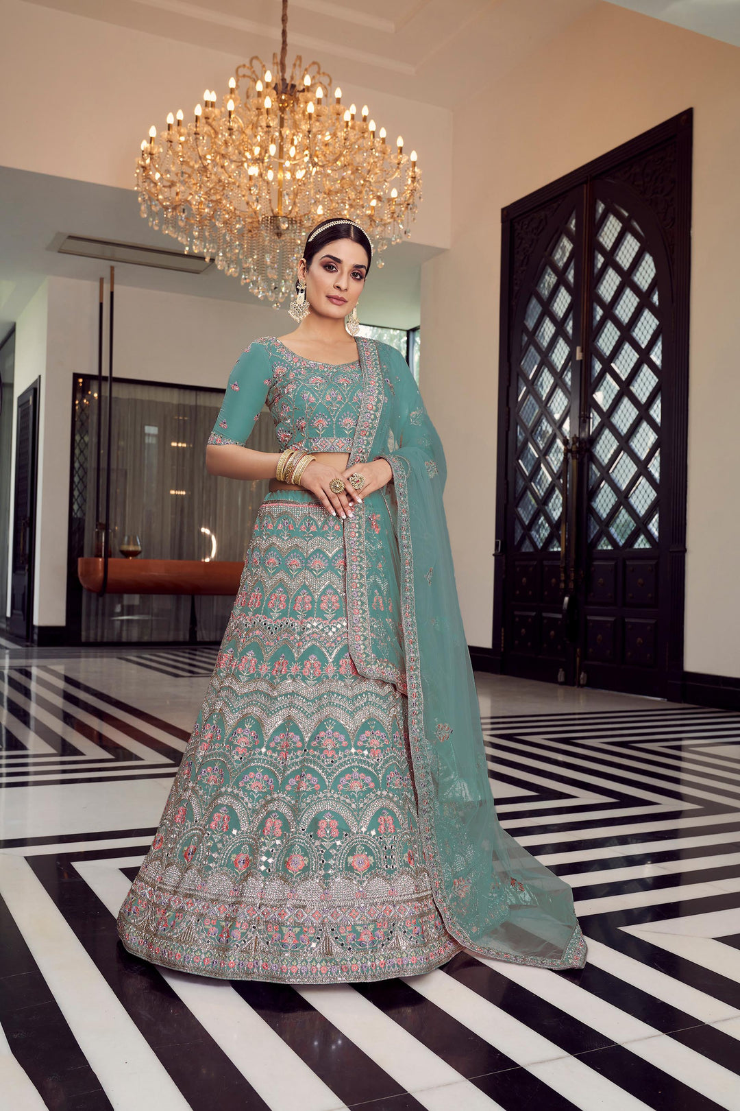 Organza Lehenga choli with Mirror & Zarkan Embroidery | Elegant Party Wear