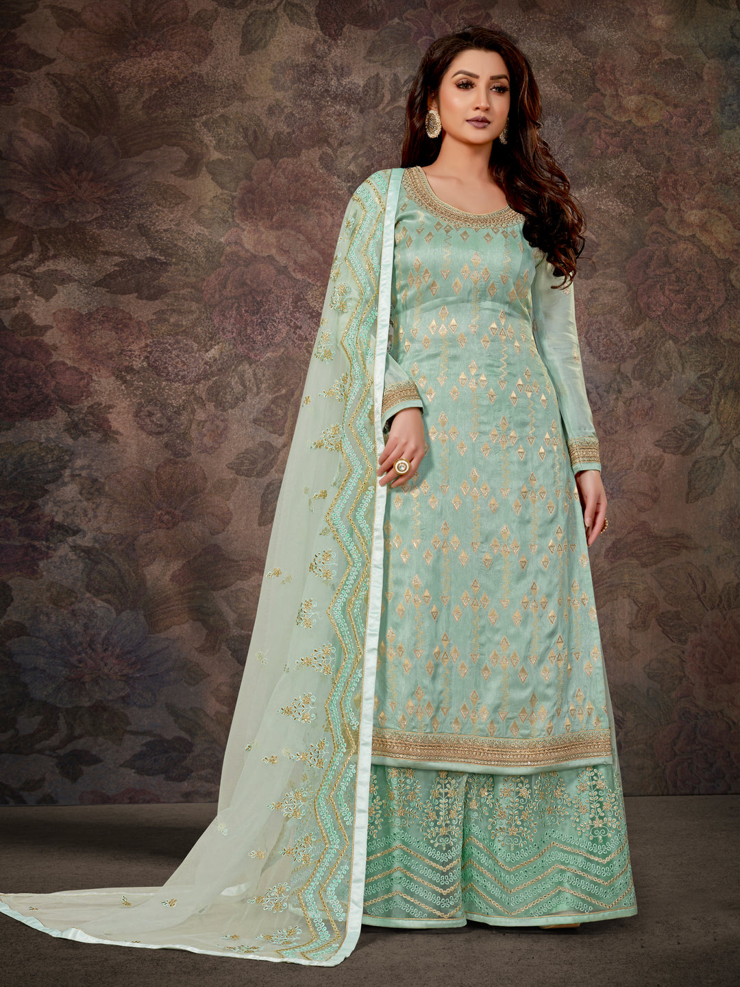 Designer Mint Green Palazzo Suit | Dolla Jacquard Kameez with Net Dupatta