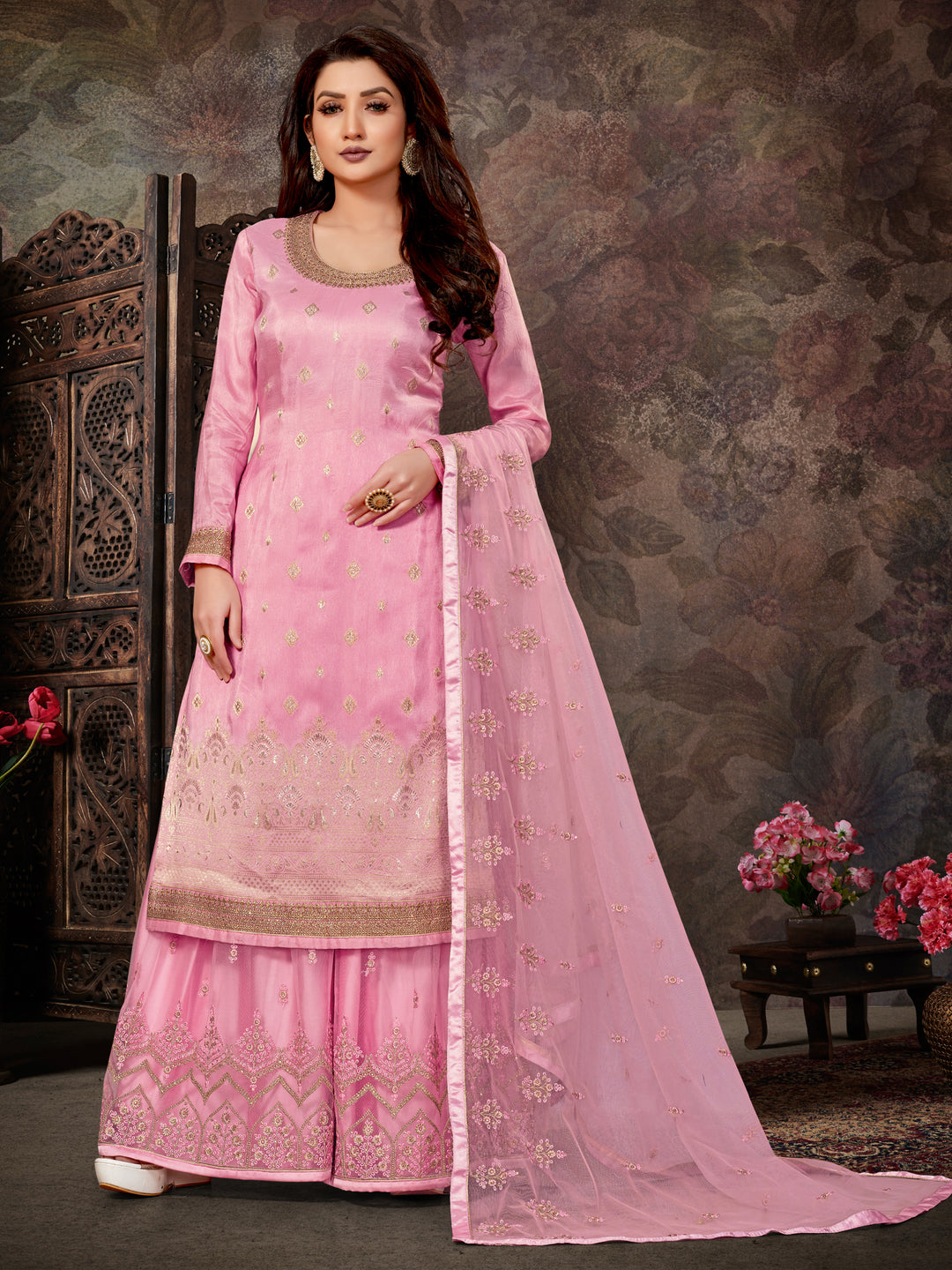 Designer Pink Palazzo Suit | Dolla Jacquard Kameez with Embroidered Net Dupatta