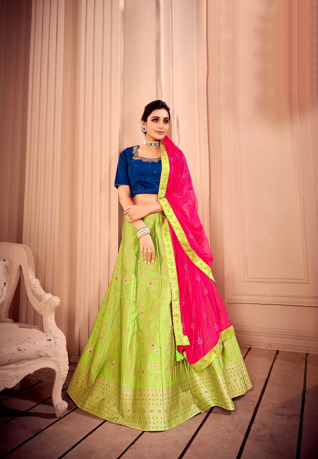 Lime Green Silk Lehenga Choli | Wevon Designer & Embroidery Work