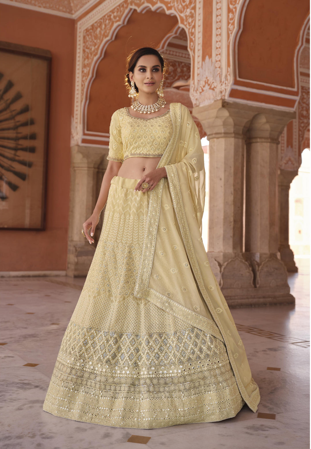 Elegant Cream Lehenga Choli | Sequins & Thread Embroidery on Georgette