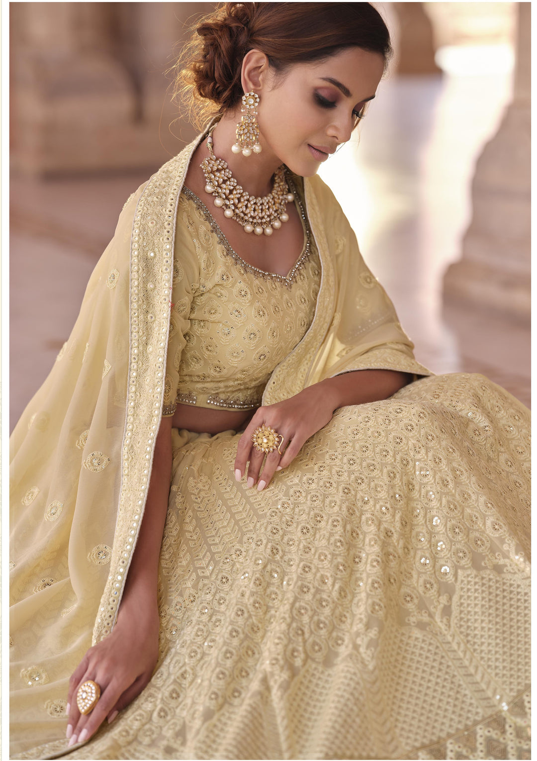 Elegant Cream Lehenga Choli | Sequins & Thread Embroidery on Georgette