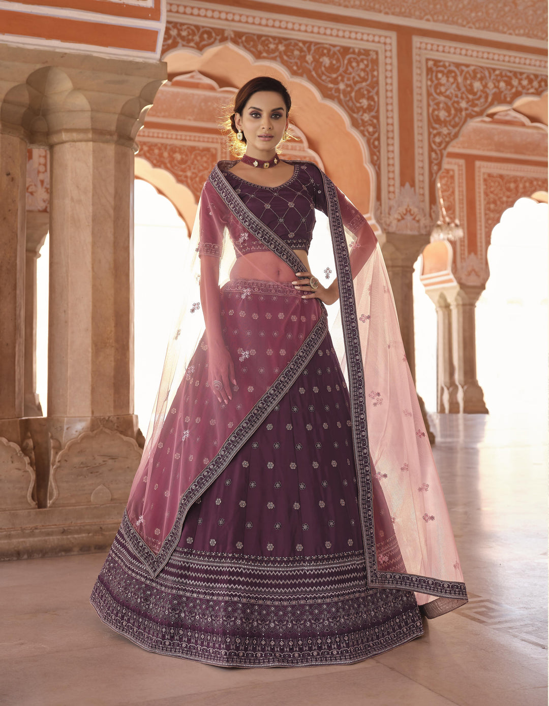 Elegant Wine Lehenga | Heavy Zarkan Embroidery on Crepe Fabric with Net Dupatta