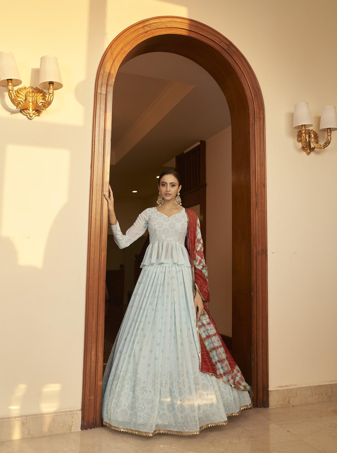 Sky Blue Georgette Lehenga | Shibori Print with Mukaish & Sequence Work