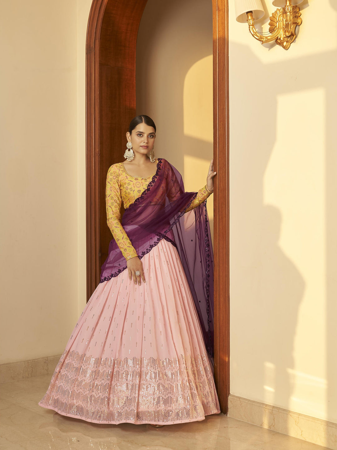 Elegant Pink Lehenga | Georgette Lehenga, Cotton Blouse & Designer Net Dupatta