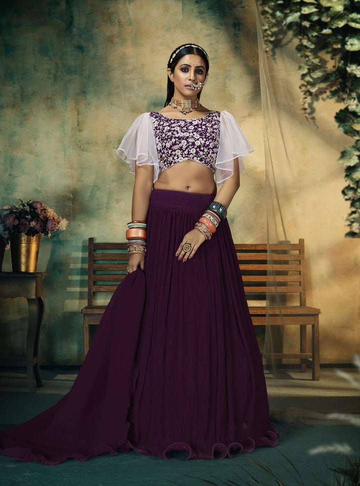 Wine Georgette Lehenga Choli | Designer Embroidery with Crushed Plated Dupatta