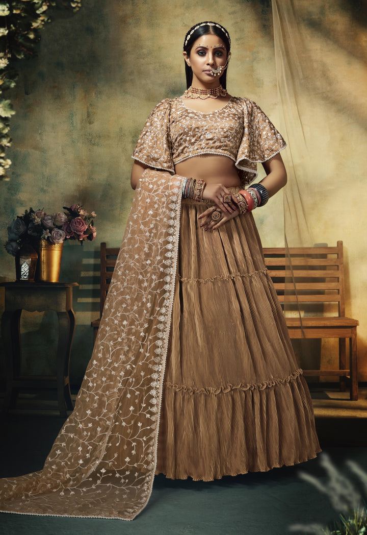 Heavy Designer Beige Lehenga | Crushed Plated Devsena Satin with Net Dupatta