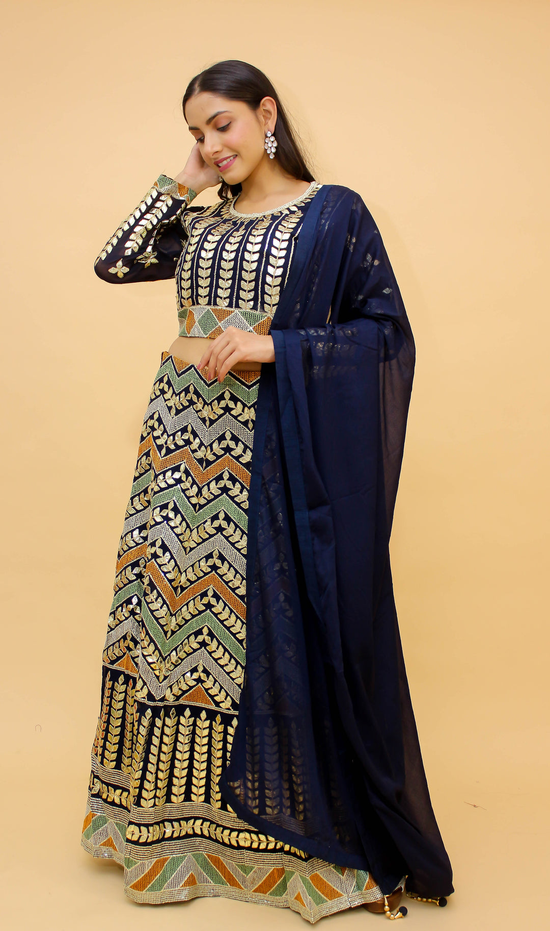 Designer Navy Blue Lehenga | Thread & Dori Embroidery with Foil Print