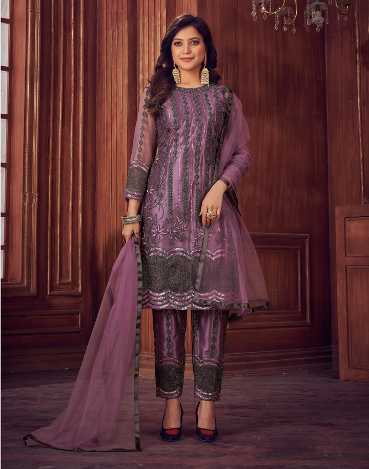 Designer Net Suit | Embroidered Kameez with Satin Bottom and Net Dupatta