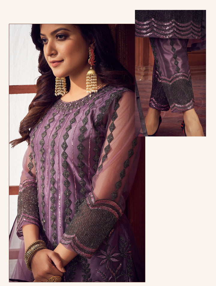 Designer Net Suit | Embroidered Kameez with Satin Bottom and Net Dupatta