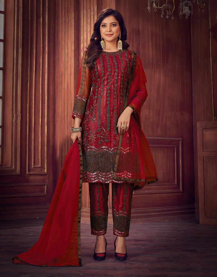 Designer Net Suit | Embroidered Kameez with Satin Bottom and Net Dupatta