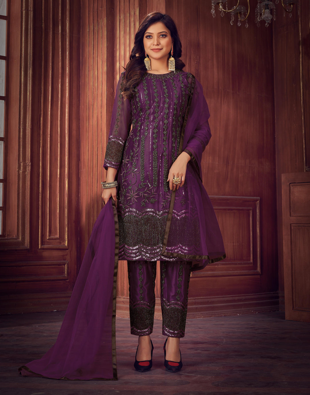 Designer Net Suit | Embroidered Kameez with Satin Bottom and Net Dupatta