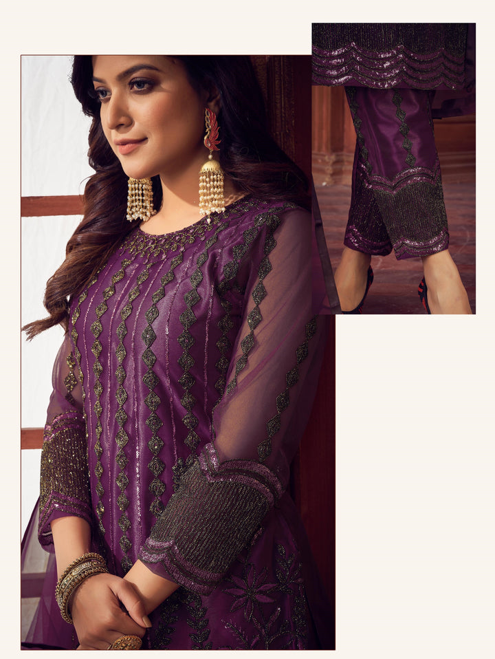 Designer Net Suit | Embroidered Kameez with Satin Bottom and Net Dupatta