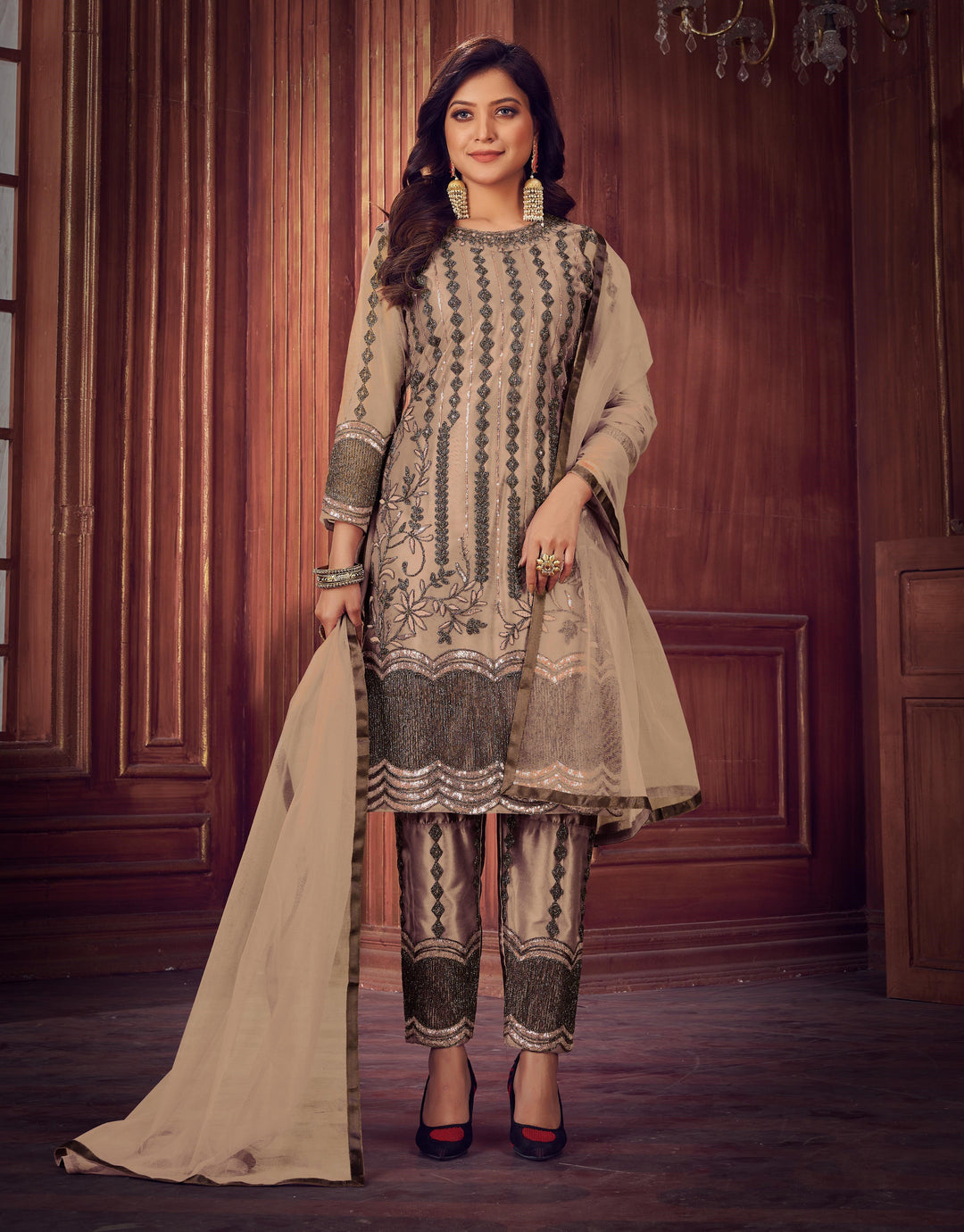 Designer Net Suit | Embroidered Kameez with Satin Bottom and Net Dupatta