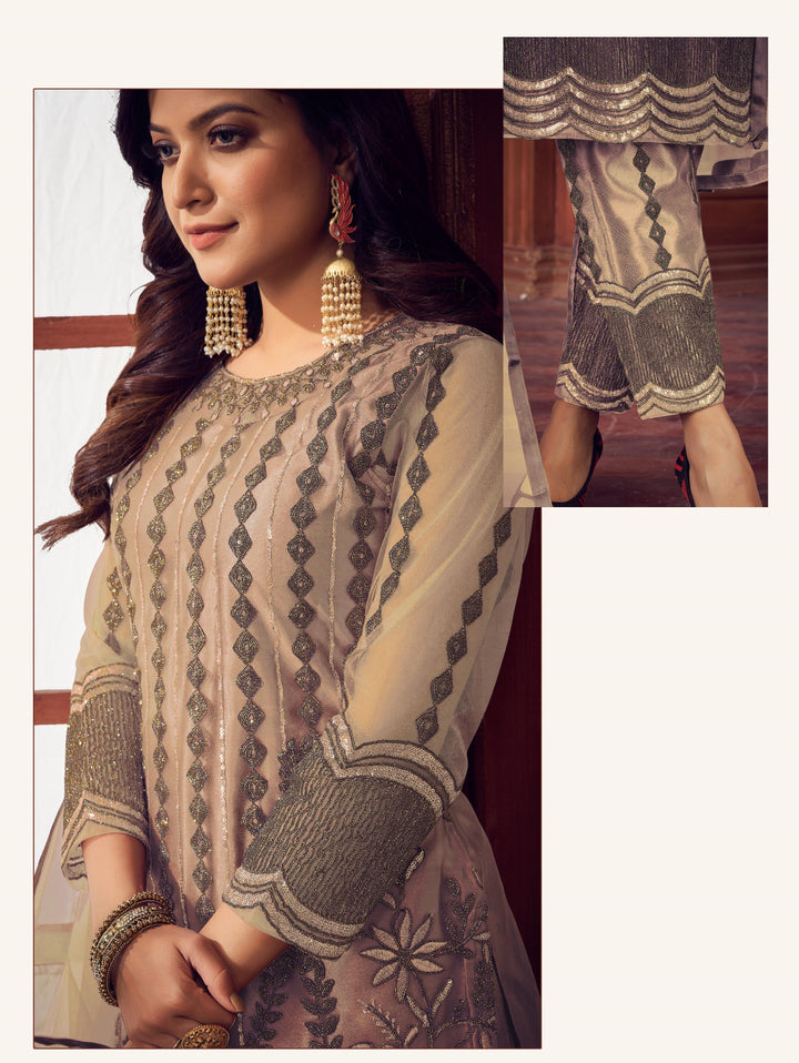 Designer Net Suit | Embroidered Kameez with Satin Bottom and Net Dupatta