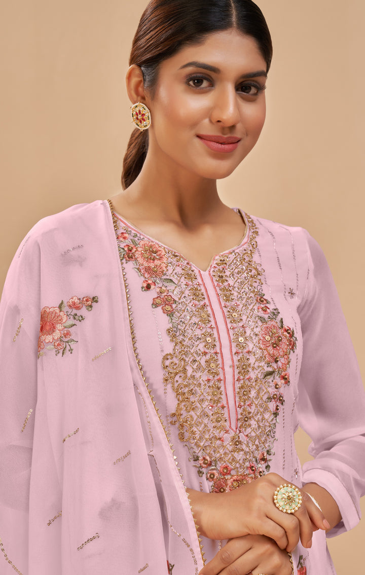 Pink Palazzo Suit | Designer Thread and Sequins Embroidery with Georgette Dupatta