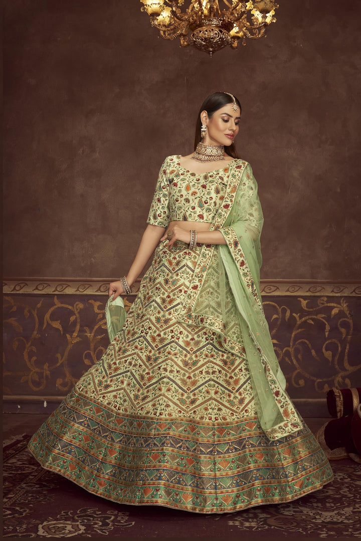 Elegant Pista Green Art Silk Lehenga | Designer Printed & Swarovski Work