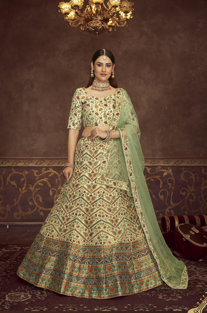 Elegant Pista Green Art Silk Lehenga | Designer Printed & Swarovski Work