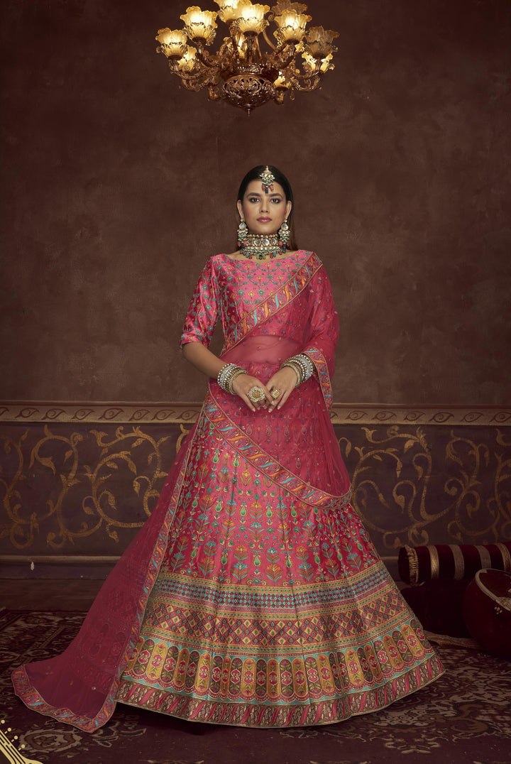 Designer Pink Lehenga Choli | Embroidery & Diamond Work with Net Dupatta