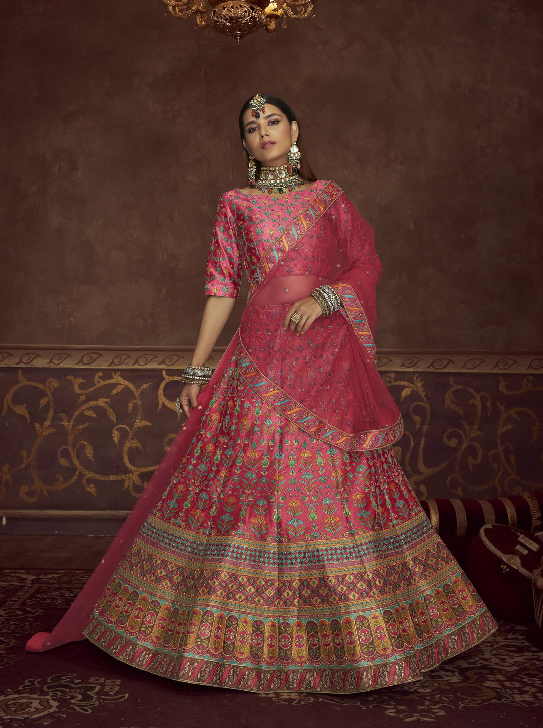 Designer Pink Lehenga Choli | Embroidery & Diamond Work with Net Dupatta