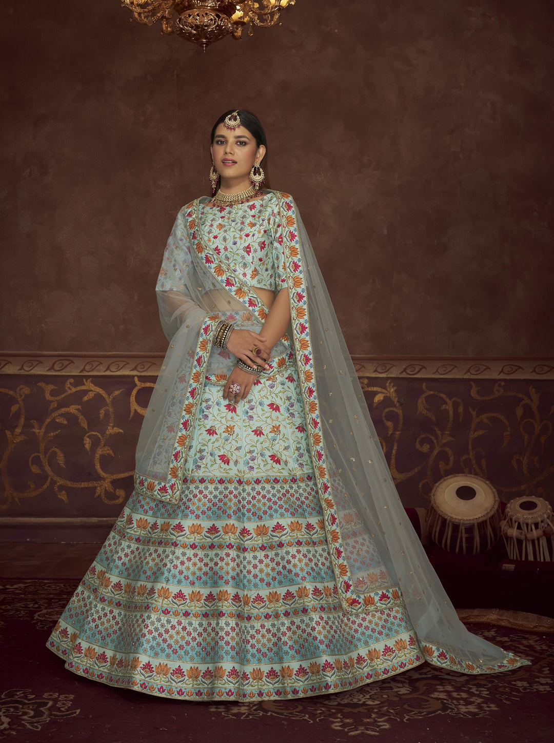 Sky Blue Lehenga | Art Silk with Designer Prints & Diamond Embroidery