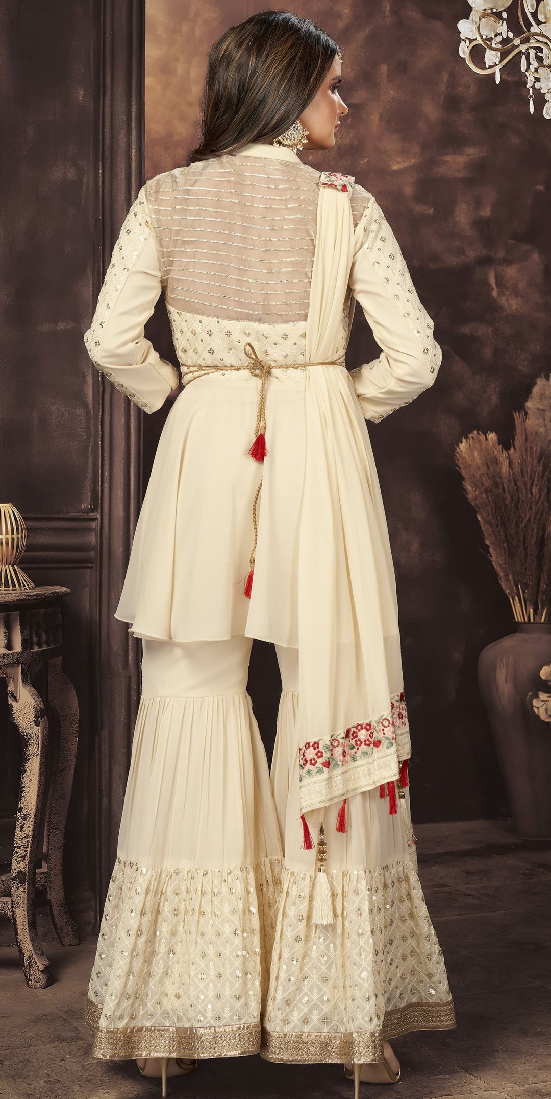 Georgette Sharara Suit | Sequined & Embroidered | Three-Quarter Sleeve