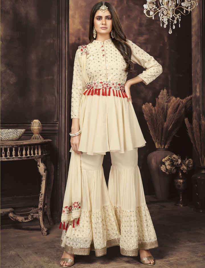 Georgette Sharara Suit | Sequined & Embroidered | Three-Quarter Sleeve