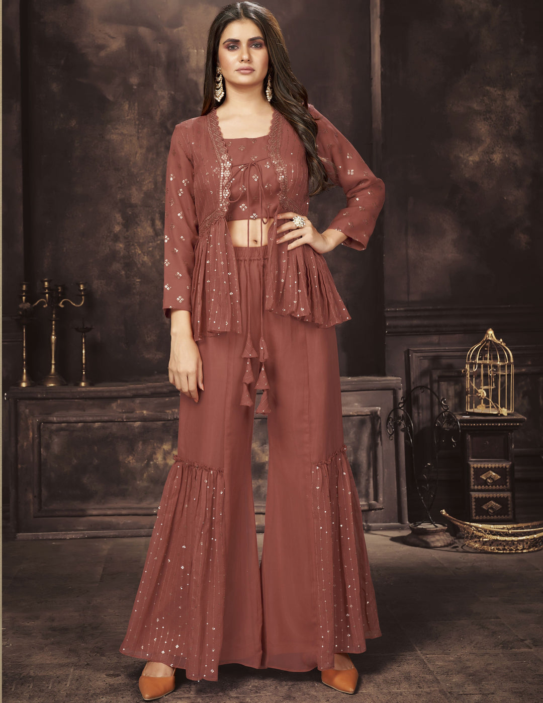 Georgette Sharara Suit | Sequin & Embroidery | Three-Quarter Sleeve | Festive Wear