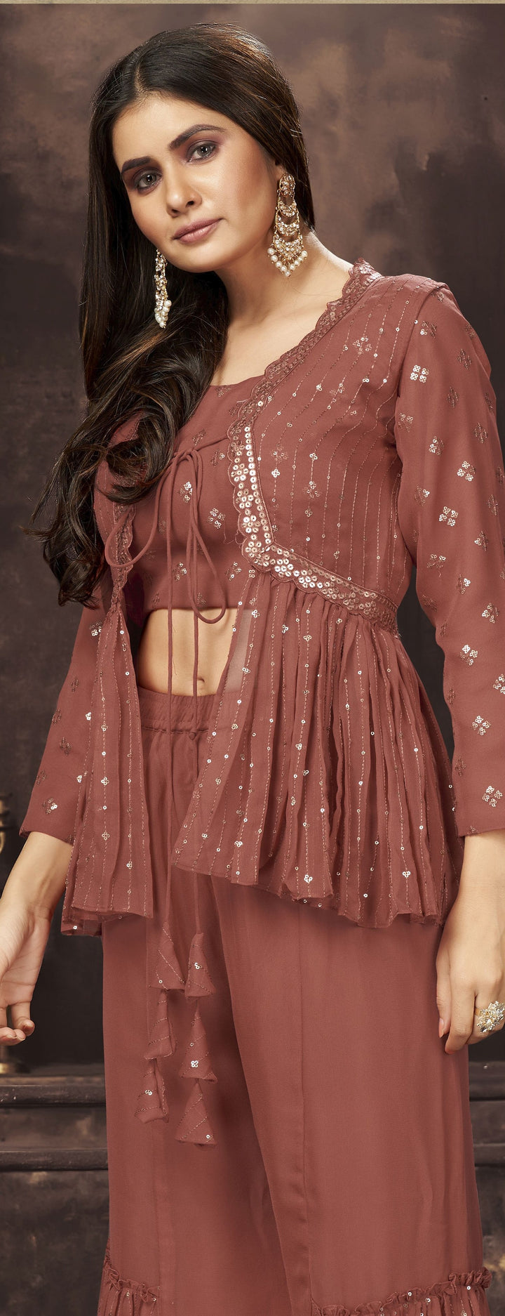 Georgette Sharara Suit | Sequin & Embroidery | Three-Quarter Sleeve | Festive Wear