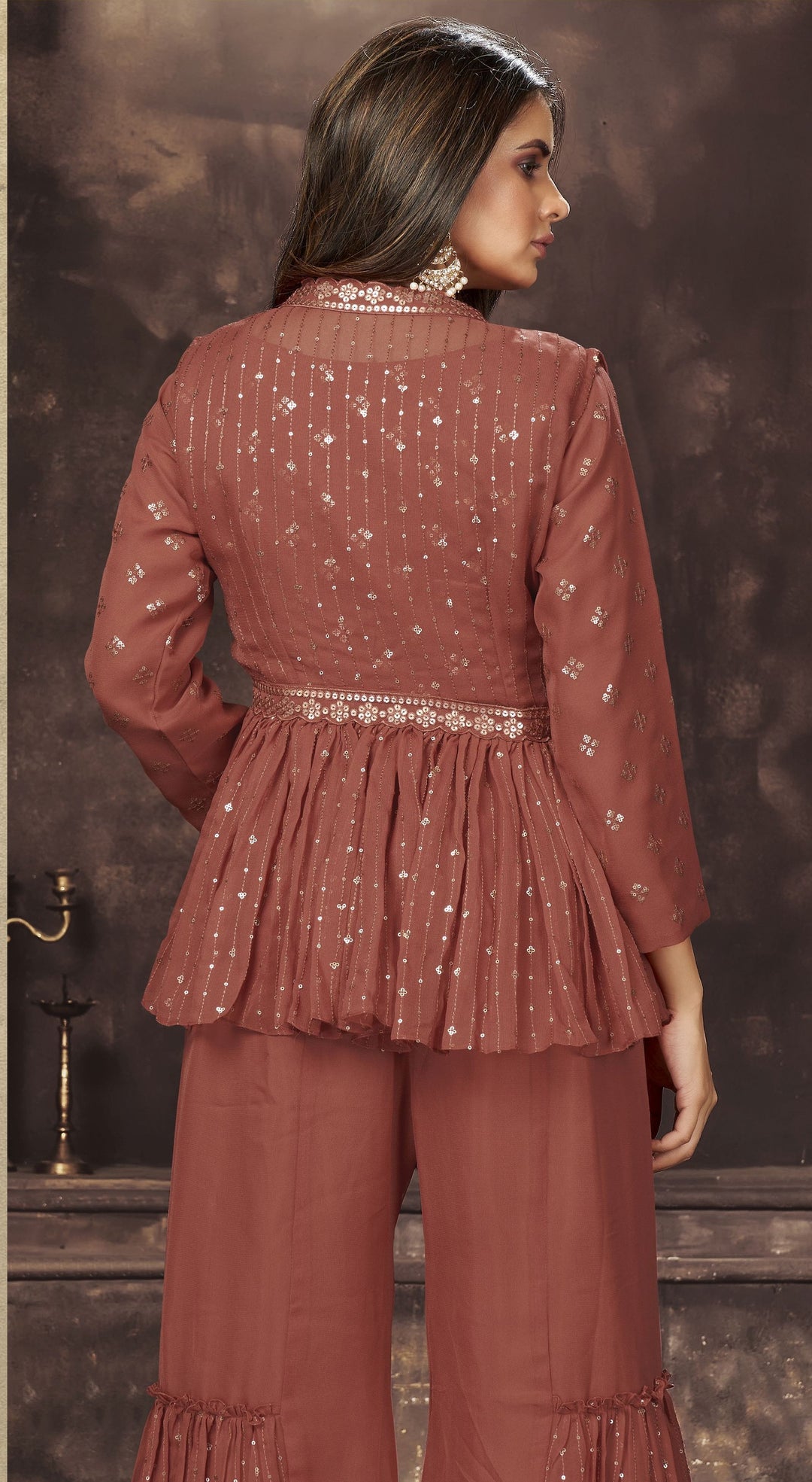 Georgette Sharara Suit | Sequin & Embroidery | Three-Quarter Sleeve | Festive Wear