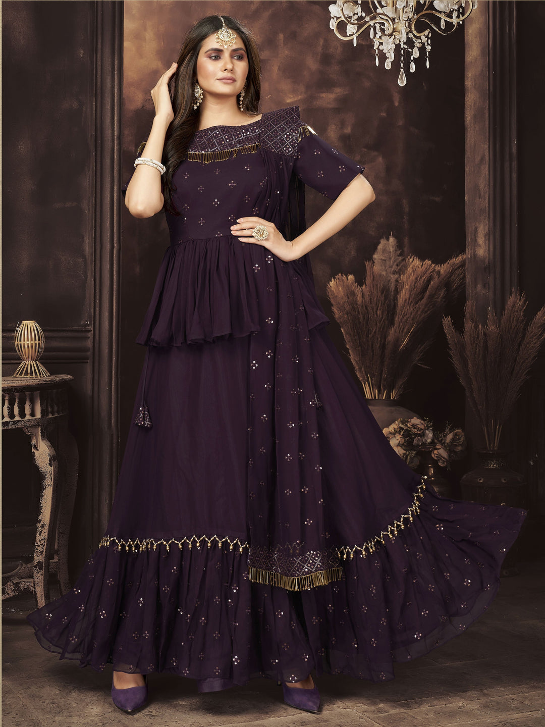 Georgette Sharara Suit | Elegant Sequins & Jari Embroidery for Weddings