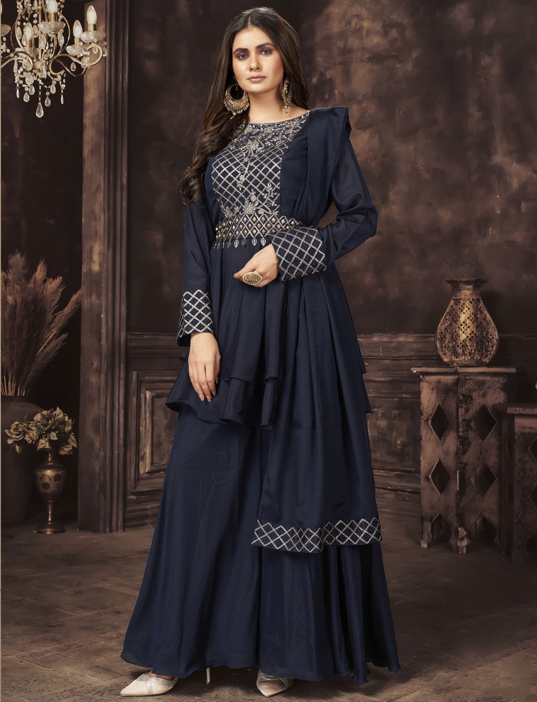 Designer Embroidered Sharara Suit | Chinon Top & Bottom | Full Sleeve