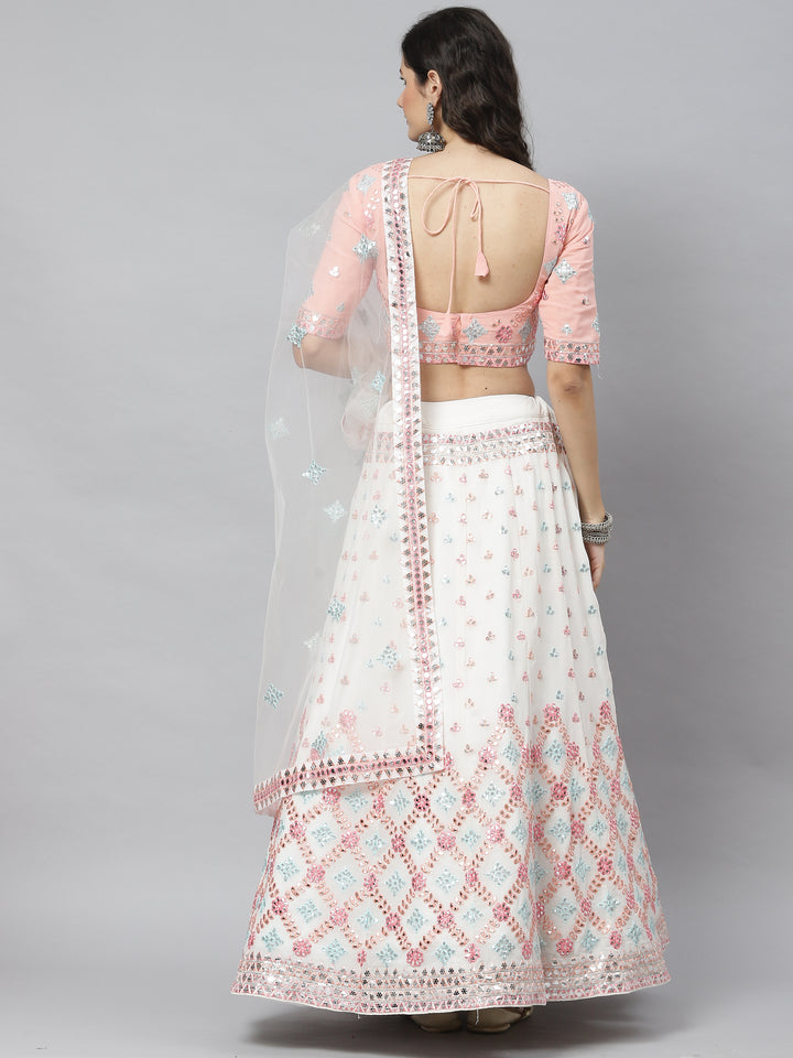 Designer White Lehenga | Georgette Blouse, Net Dupatta, Sequins Embroidery