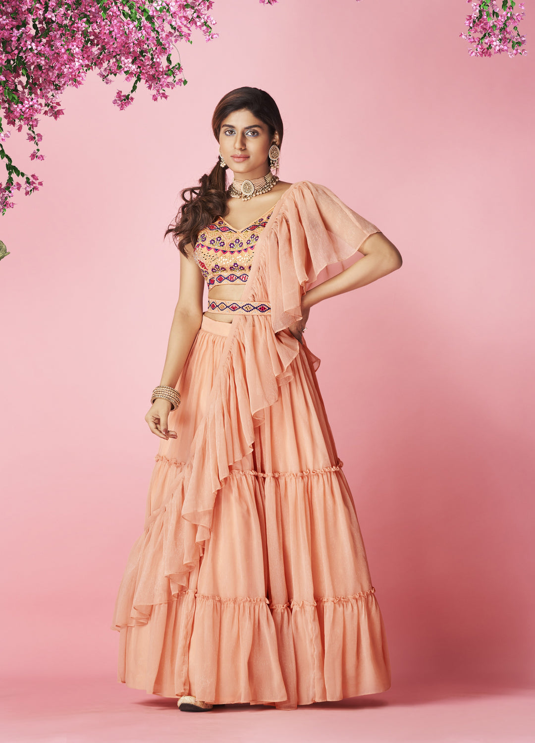 Elegant Peach Lehenga Choli | Chiffon Dupatta with Handcrafted Thread Work