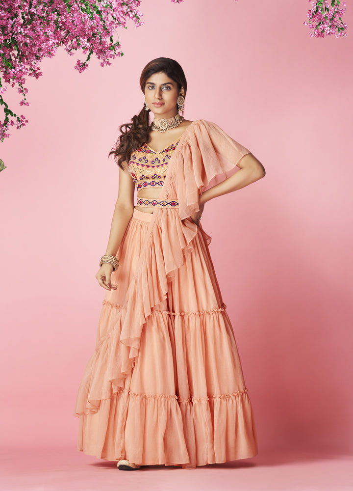 Elegant Peach Lehenga Choli | Chiffon Dupatta with Handcrafted Thread Work