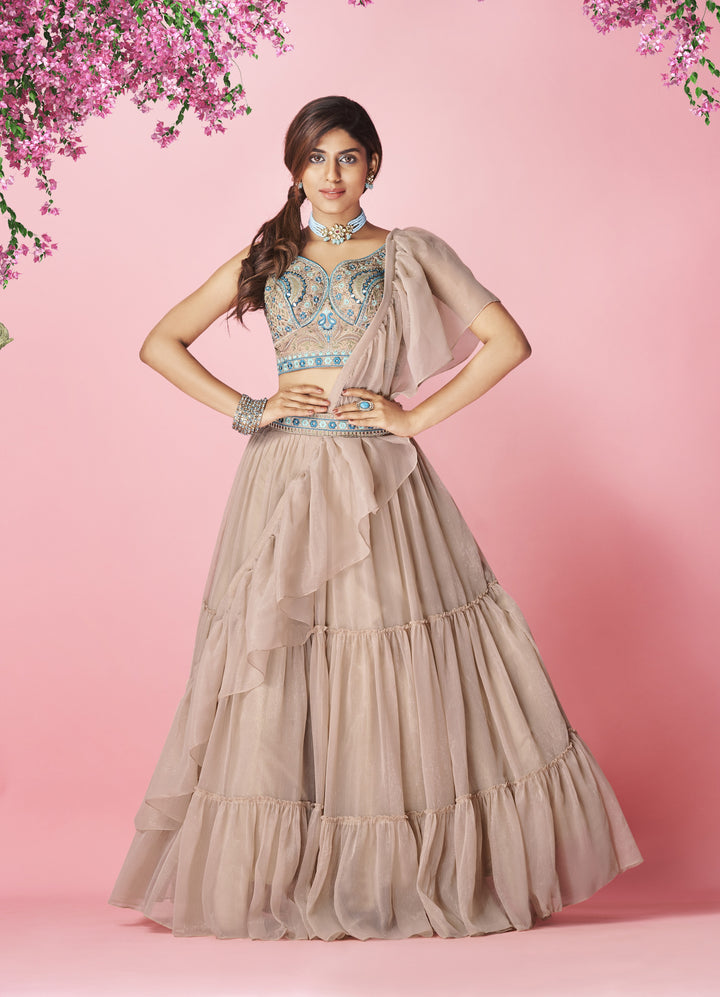 Rose Quartz Lehenga Choli | Art Silk Blouse & Chiffon Fabric with Hand Embroidery