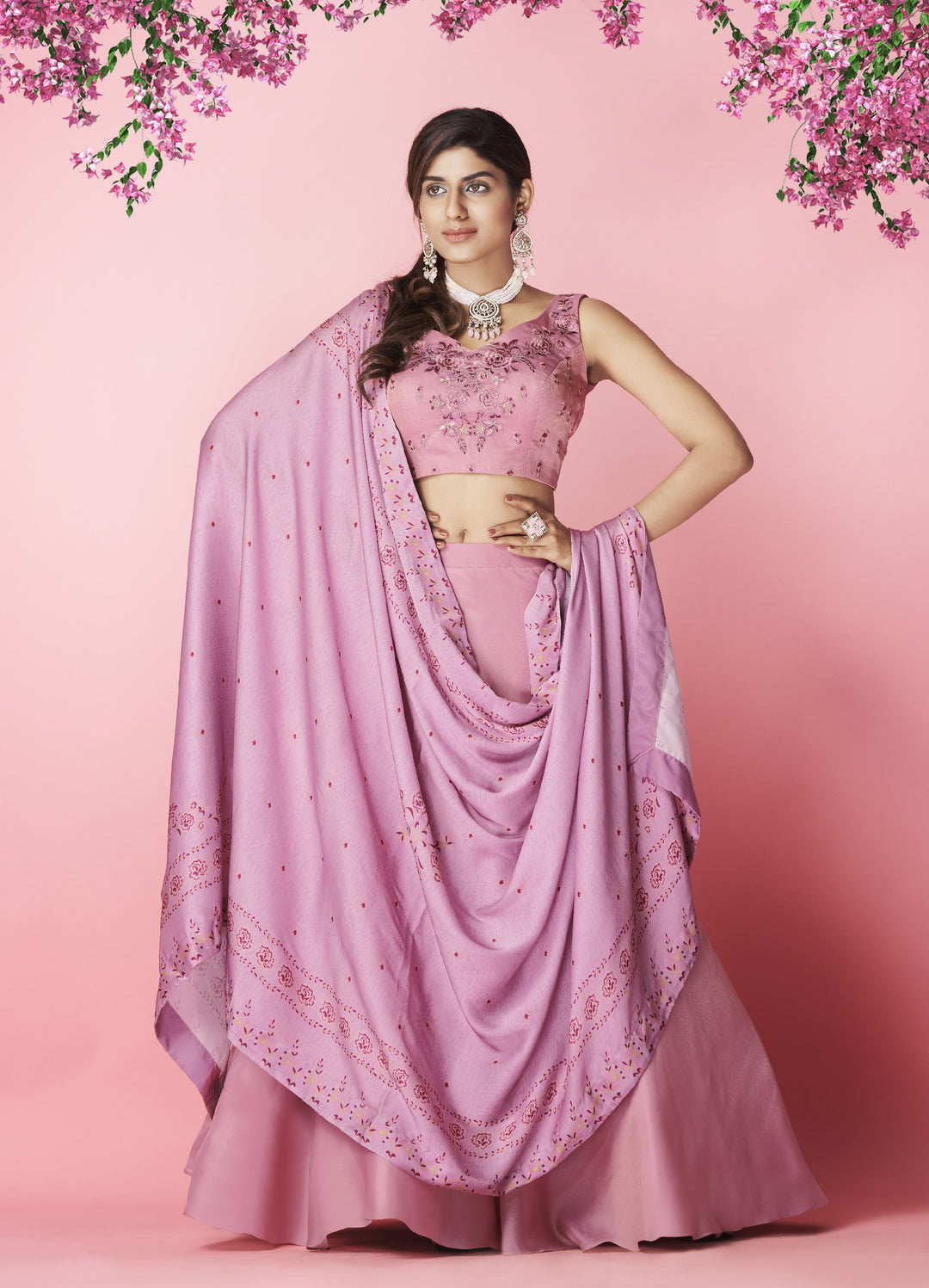 Stunning Pink Lehenga Choli | Chiffon Blouse, Satin Dupatta & Designer Work