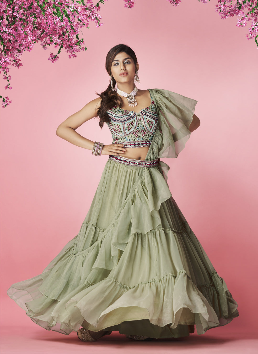 Stunning Olive Lehenga | Art Silk Blouse, Chiffon Dupatta & Intricate Hand Work