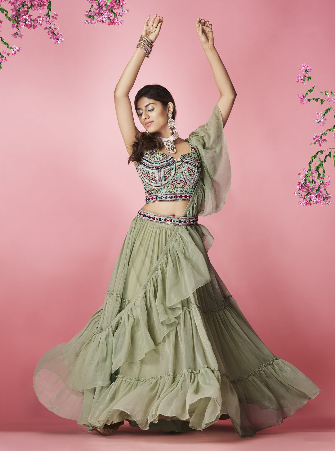 Stunning Olive Lehenga | Art Silk Blouse, Chiffon Dupatta & Intricate Hand Work