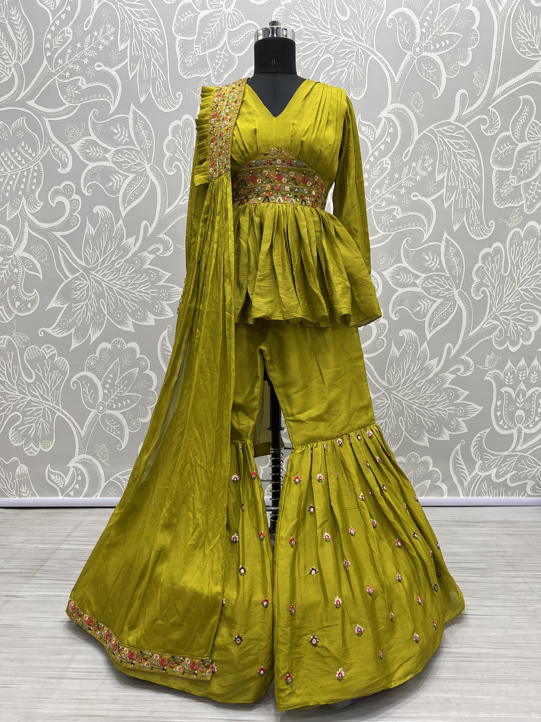 Chinon Sharara Suit | Thread & Mirror Work | V-Neck | Festive & Wedding