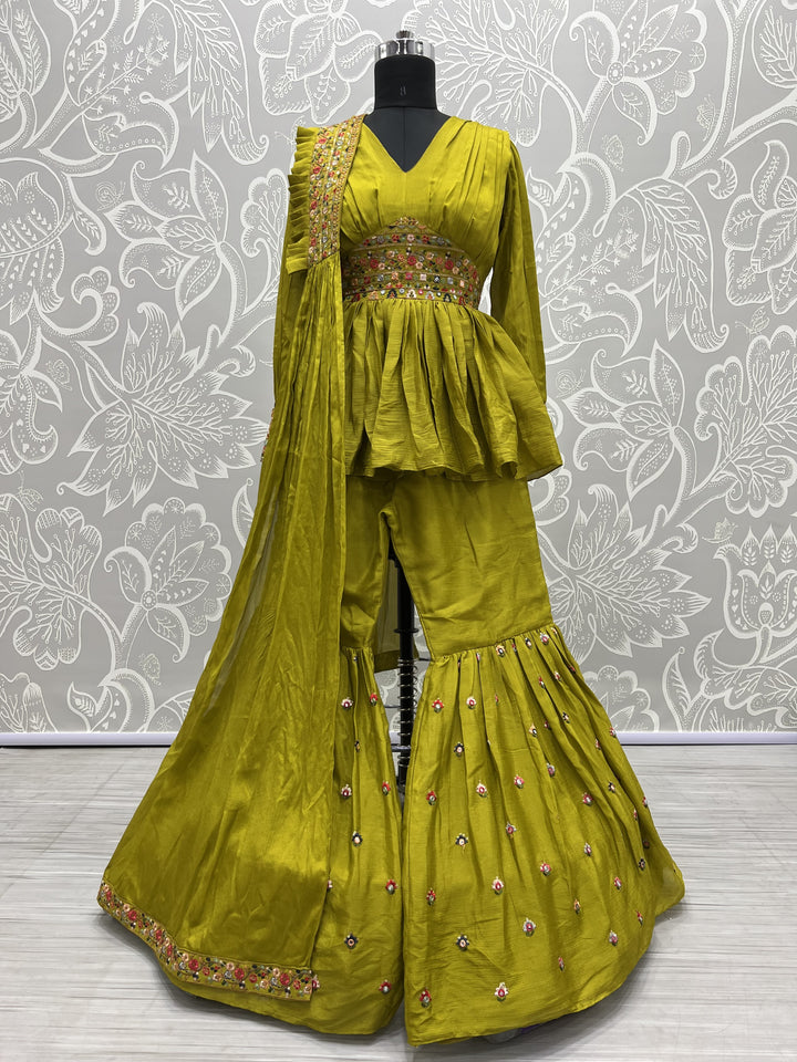 Chinon Sharara Suit | Thread & Mirror Work | V-Neck | Festive & Wedding