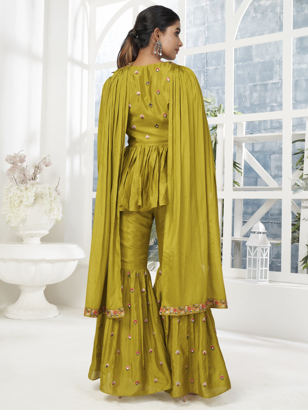 Chinon Sharara Suit | Thread & Mirror Work | V-Neck | Festive & Wedding