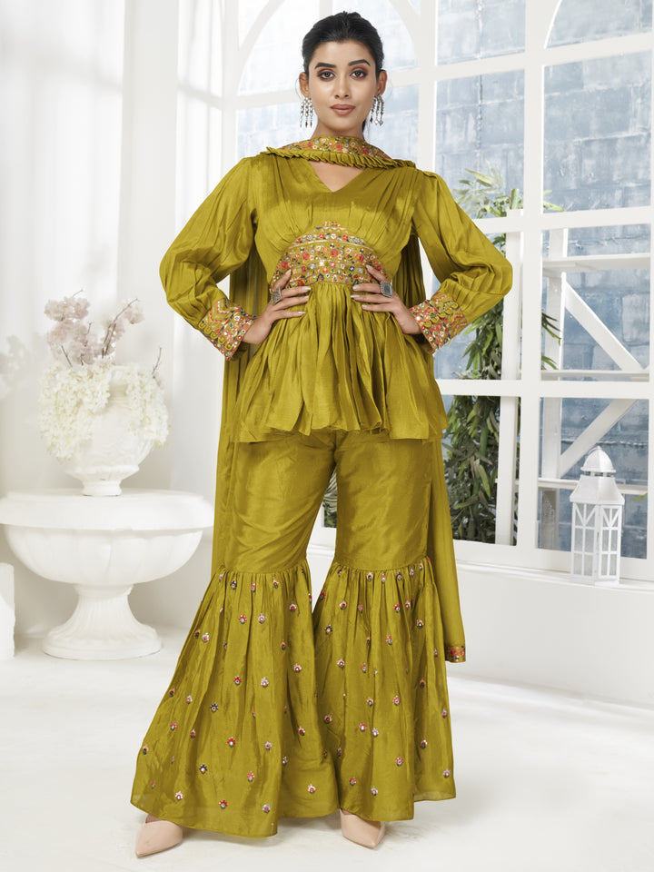 Chinon Sharara Suit | Thread & Mirror Work | V-Neck | Festive & Wedding