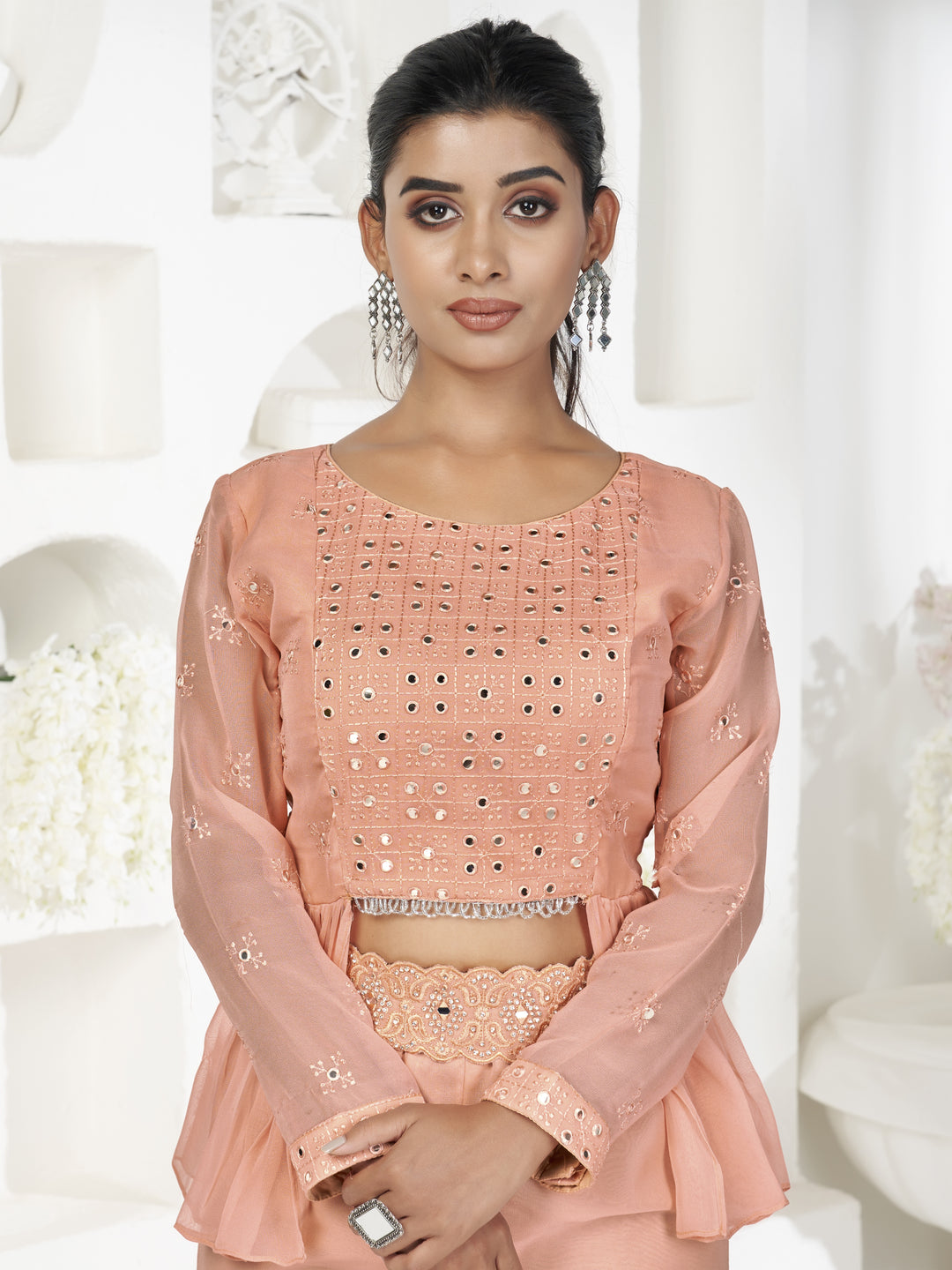 Georgette Sharara Suit | Sequins & Mirror Work | Full Sleeve | Round Neck