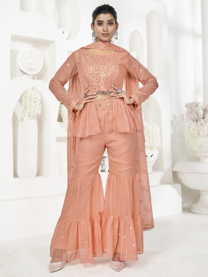 Georgette Sharara Suit | Sequins & Mirror Work | Full Sleeve | Round Neck