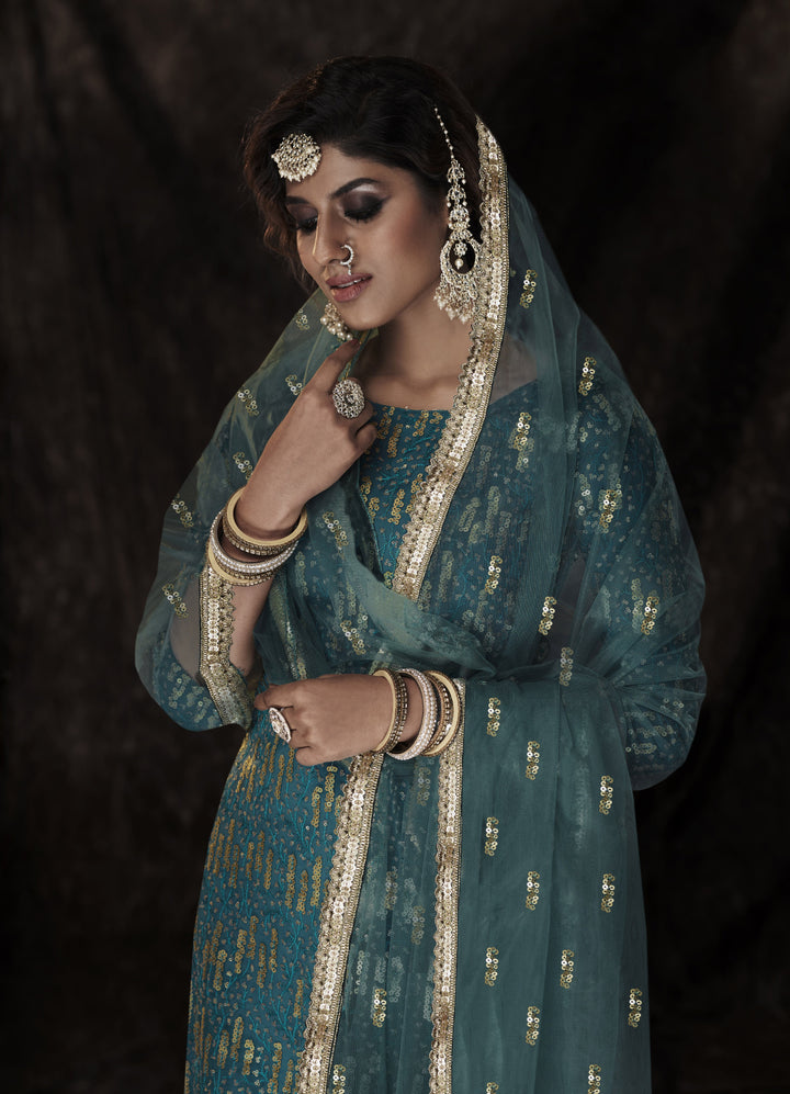 Designer Sequance Embroidery Sharara Suit | Soft-Net Fabric | Elbow Sleeve | Traditional & Festive