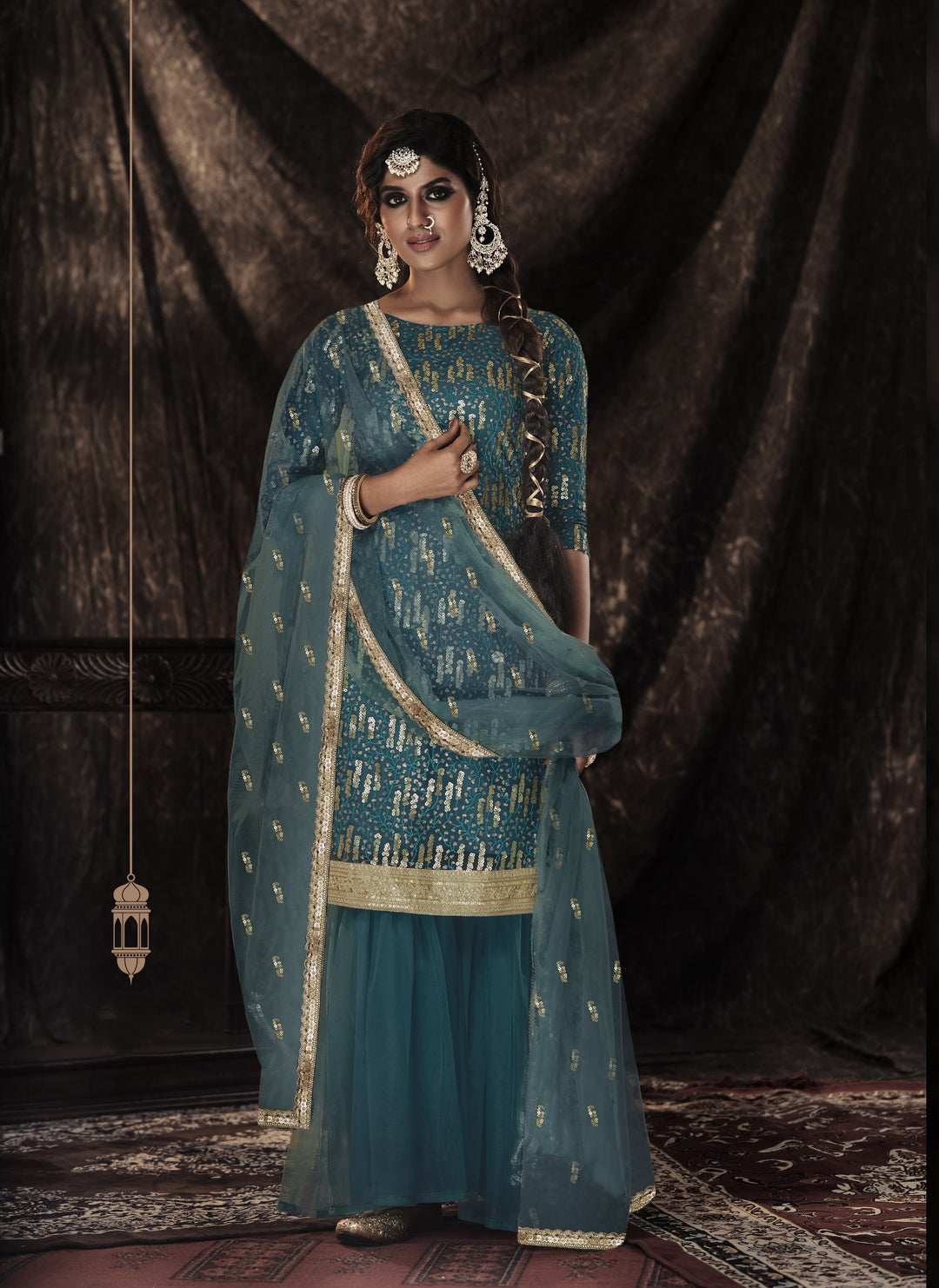 Designer Sequance Embroidery Sharara Suit | Soft-Net Fabric | Elbow Sleeve | Traditional & Festive