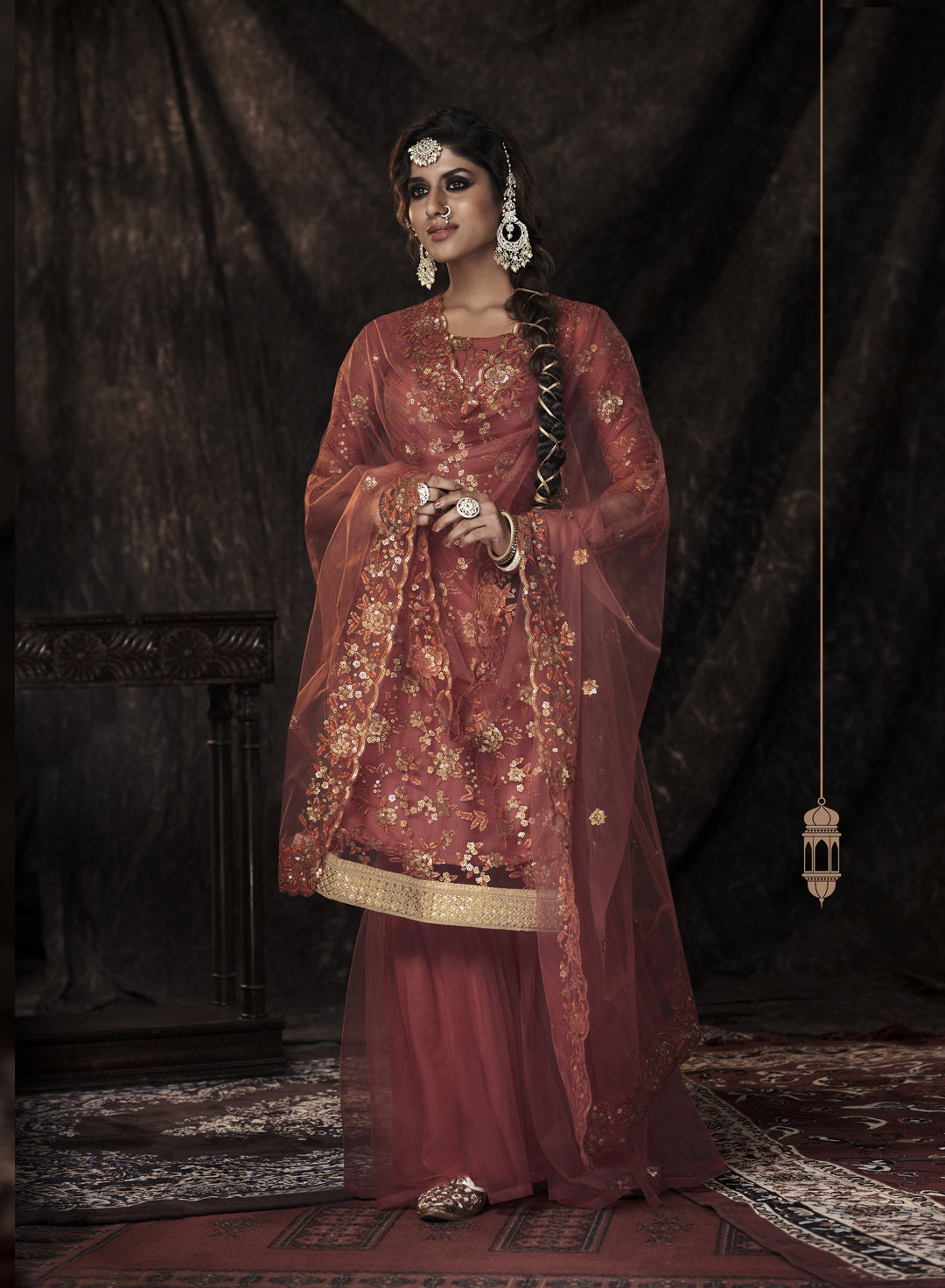 Designer Sharara Suit | Soft-Net Fabric | Elbow Sleeve | Round Neck | Wedding & Festive