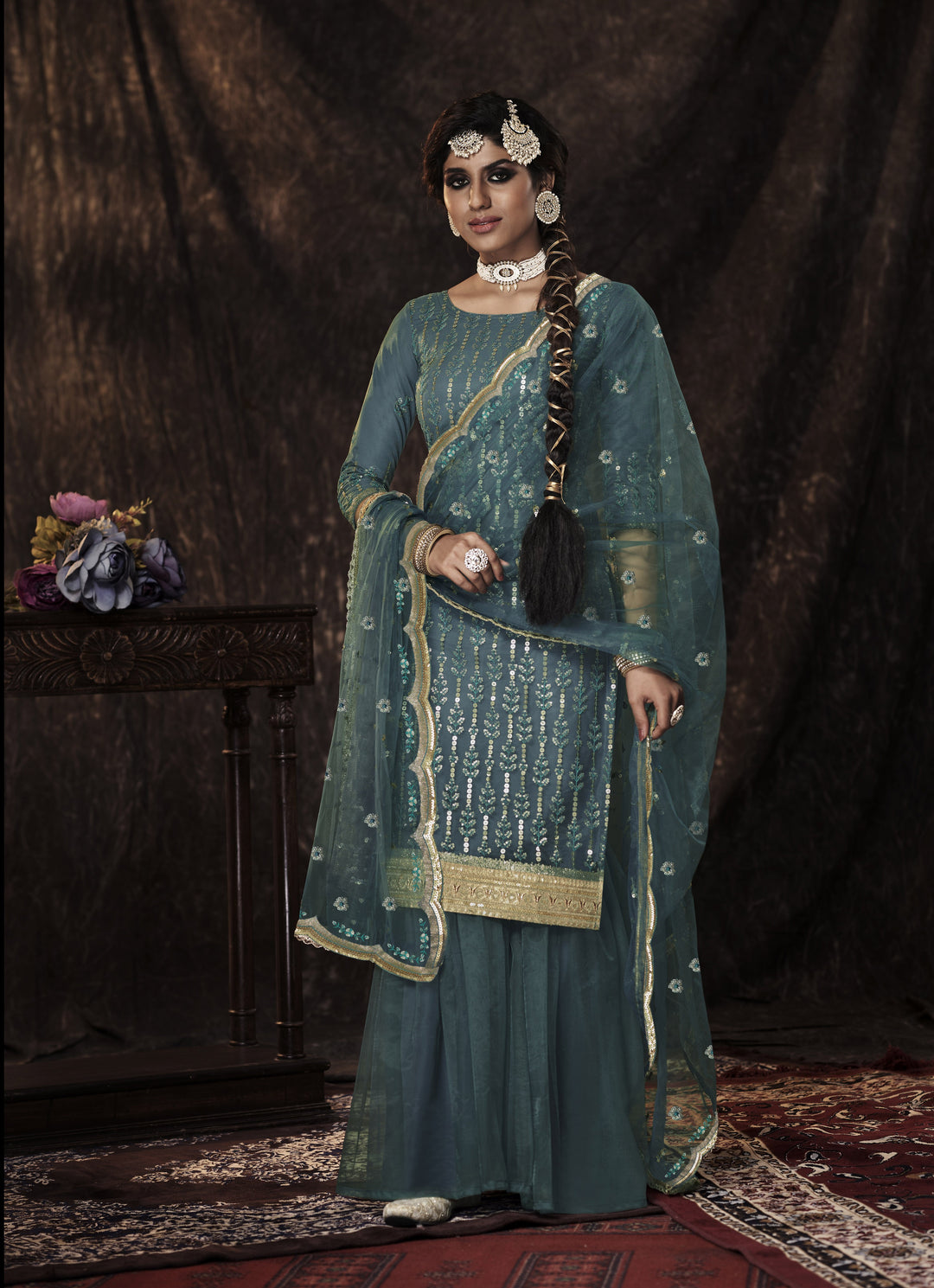 Designer Sharara Suit | Soft-Net Elbow Sleeve with Sequence Embroidery