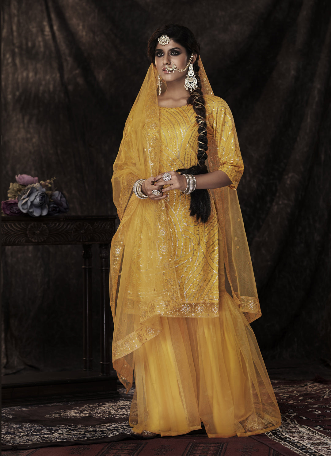 Designer Sharara Suit | Soft-Net Fabric | Elbow Sleeve | Embroidered Work